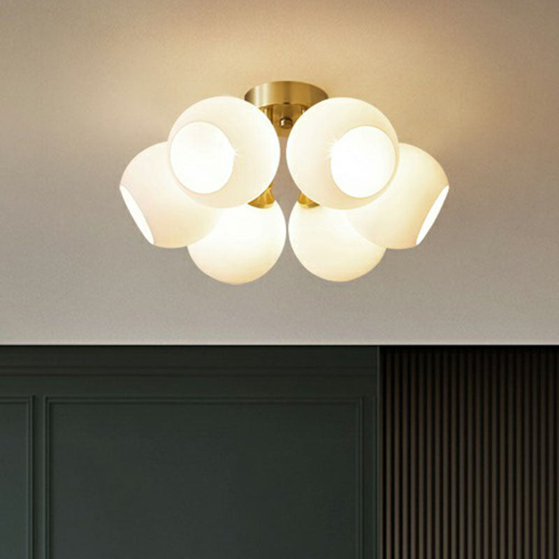 Gold Plated Semi-Flush Ceiling Light With Milky Glass Dome For Bedroom