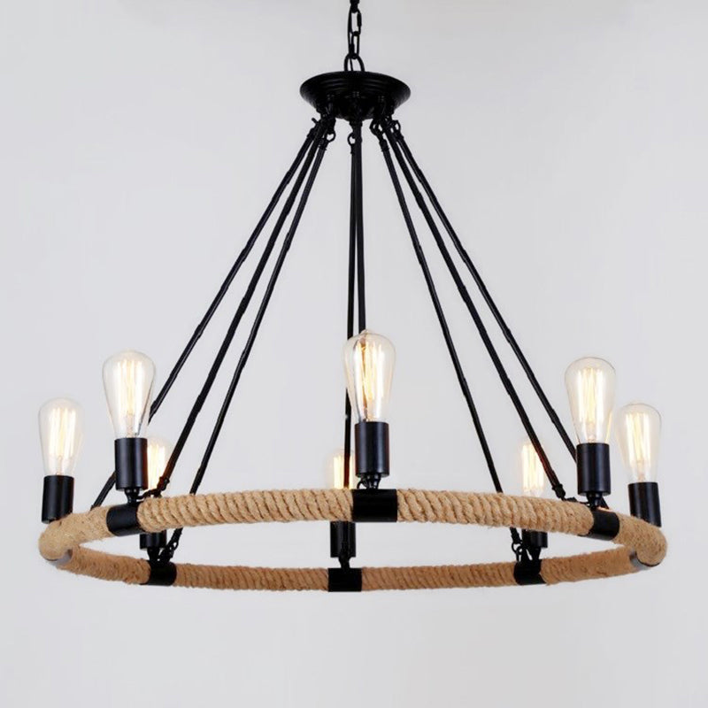 Country Hemp Rope Loop Chandelier - Hanging Ceiling Light In Black For Restaurants
This Revised