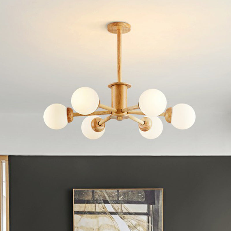 Nordic White Glass Ball Pendant Light For Living Room - Wood Sputnik Chandelier