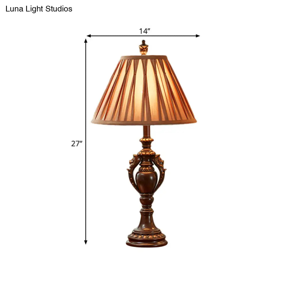23/27 Vintage Fabric Table Lamp - Antique Brown Tone Conical Shape Living Room Nightstand Decor