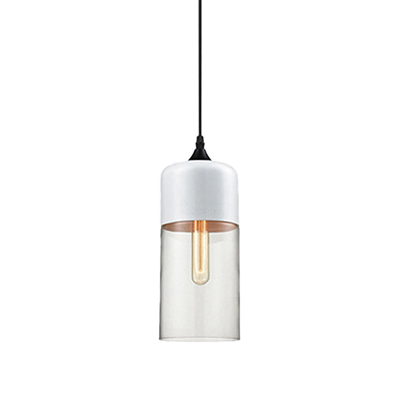 Modern 1-Light Glass Suspension Pendant In White/Black - 5/7/8 Wide Drum/Cylinder/Jar Clear/Yellow