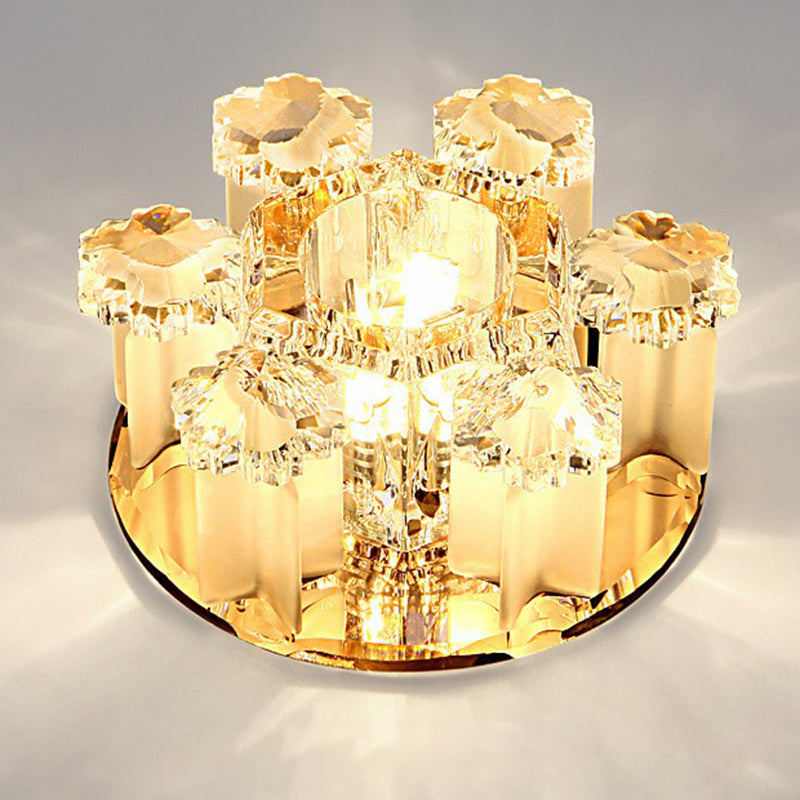 Modern Floral Ceiling Flush Light With Crystal Block - Led Hallway Flush-Mount Fixture Tan