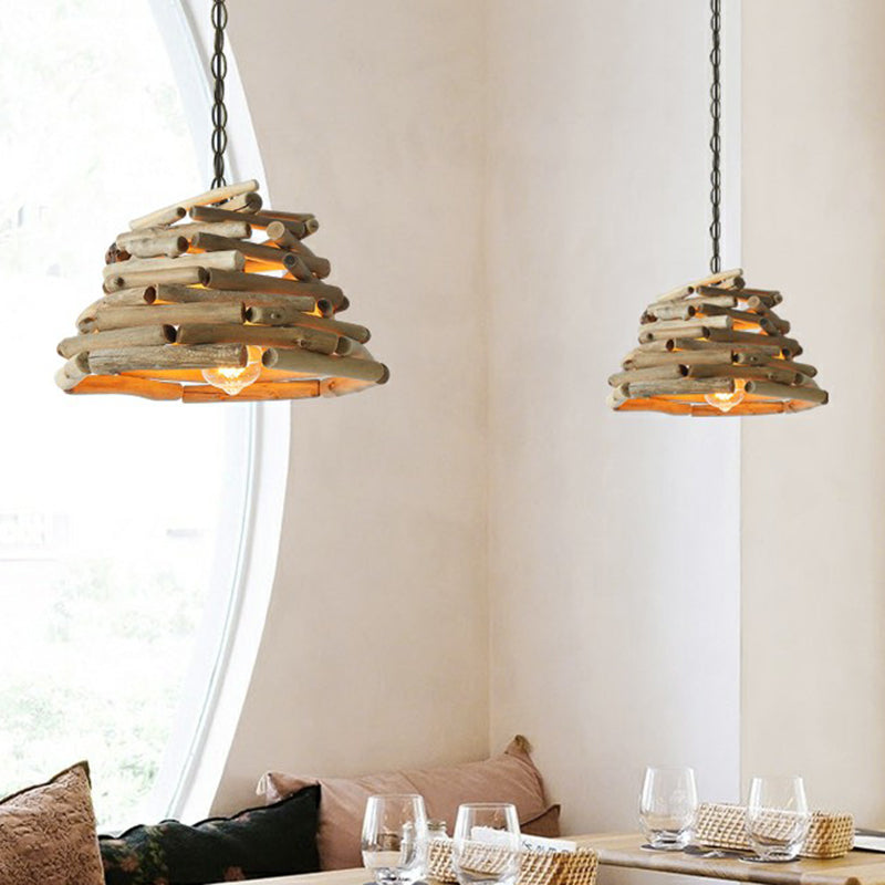 Lodge Wooden Single Pendant Light Fixture - Stacked Sticks Suspension Lamp For Dining Room