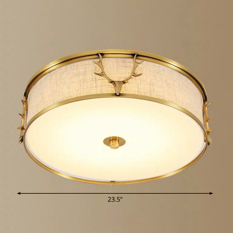 Nordic Style Ceiling Flush Light With Decorative Antler Design For Foyer - Fabric Drum Brass / 23.5