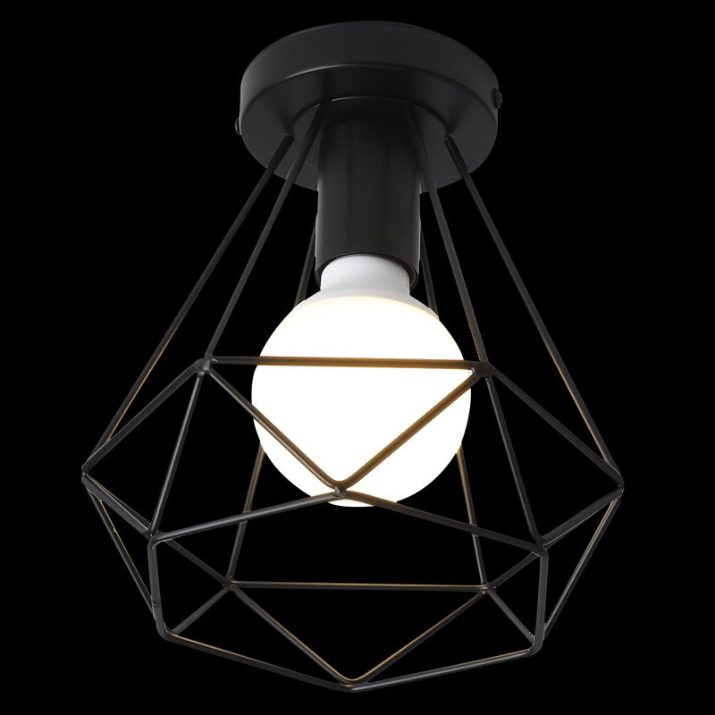 Industrial Metal Flush Ceiling Light Fixture - Cage Style Small Aisle 1 Head Black Flushmount
