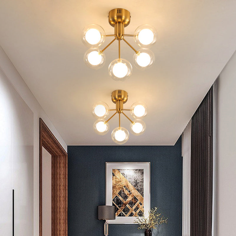 Minimalistic 5-Head Clear And Frosted Glass Molecule Ceiling Fixture For Corridor Lighting Gold
