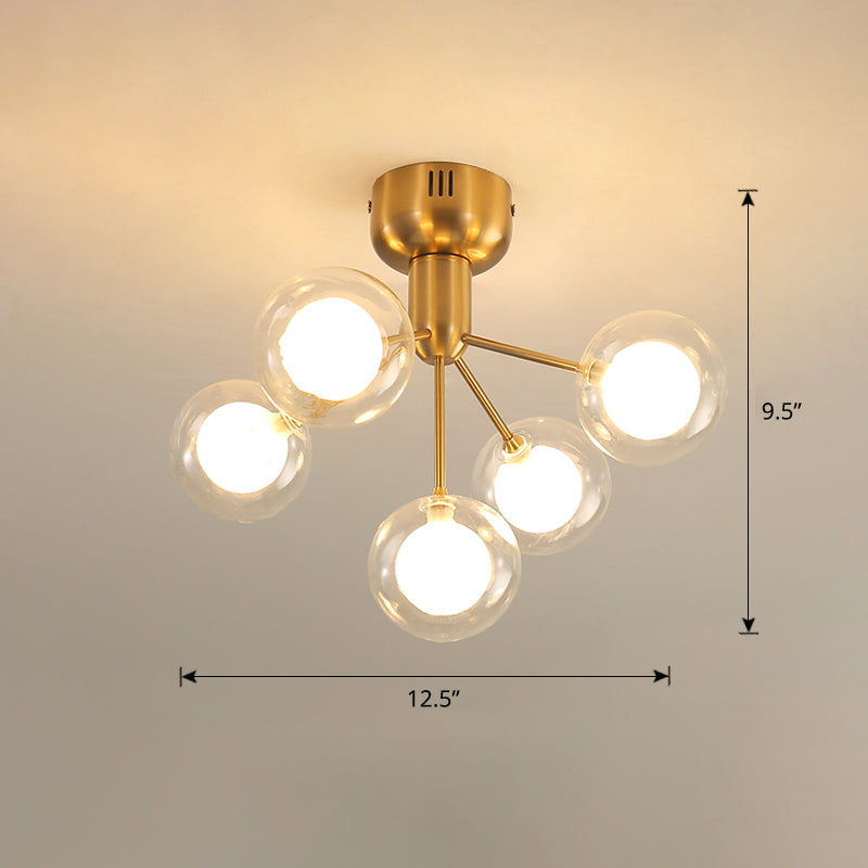 Minimalistic 5-Head Clear And Frosted Glass Molecule Ceiling Fixture For Corridor Lighting
