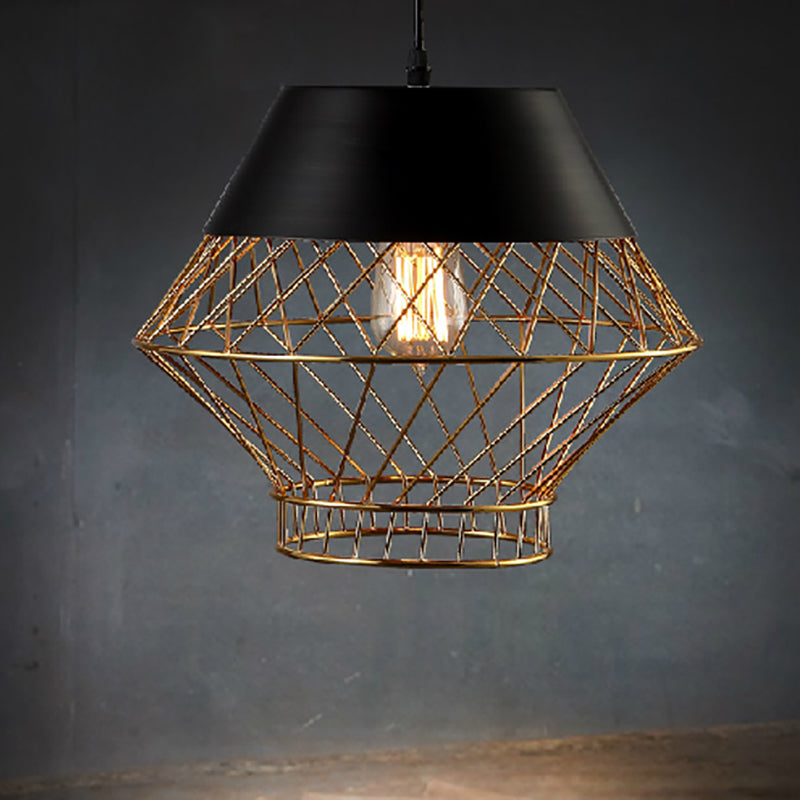 Modern Wire Cage Pendant Light - 1-Light Metallic Hanging Ceiling In Black For Bar
