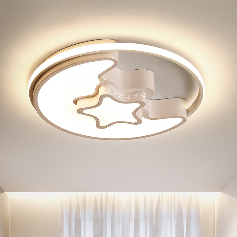 Modern Metal Star And Moon Flush Mount Ceiling Light White Etched Finish For Foyer /