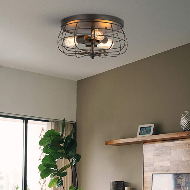 Retro Industrial Metal Ceiling Light Fixture For Hallway - Cage Drum Flush Mount Lighting