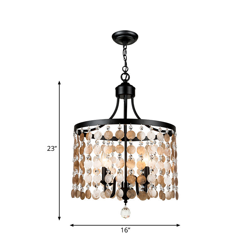 Vintage Style Round Chandelier Light - Metal And Shell 4 Lights Black Bedroom Suspension