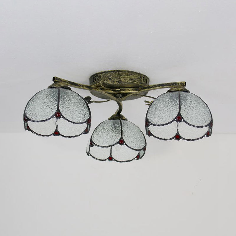 Rustic Dome Ceiling Fixture - Beige/Yellow-Blue/Clear/Blue Glass Flush Mount 3 Lights Living Room