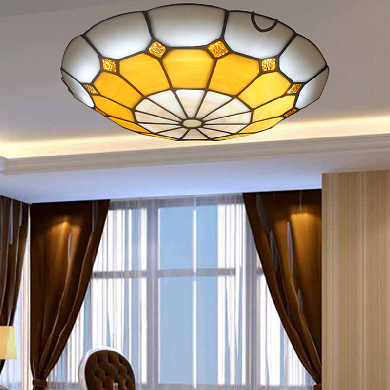 Vintage Stained Glass Flush Mount Ceiling Light Wide Bowl-Shaped Design (12/16) Orange