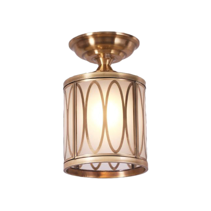Brass Frosted Glass Ceiling Flush Mount Lamp Colonialist Style For Living Room