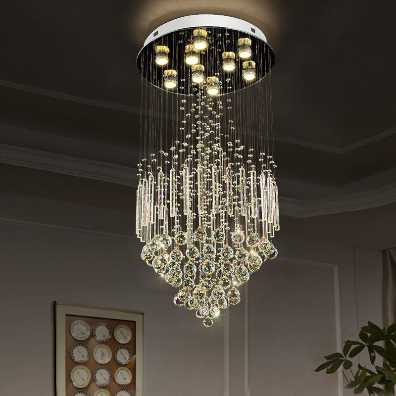 Clear Crystal Conical Flush Mount With 9 Lights - Minimalist White Light For Living Room