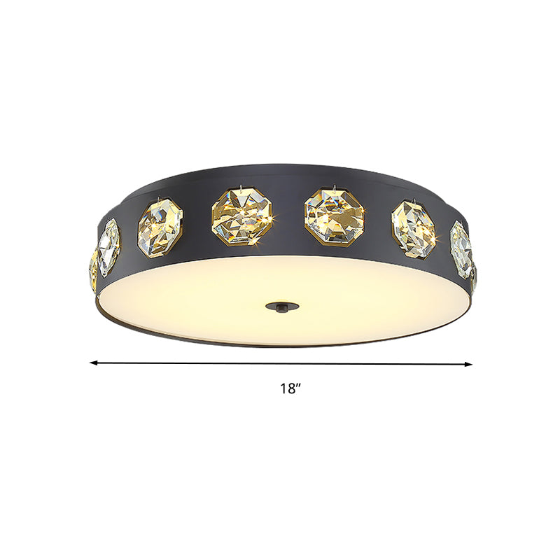 Modern Crystal Led Flush Light In Grey Drum Shape - Ideal For Living Room Ceiling 18/21.5 Dia