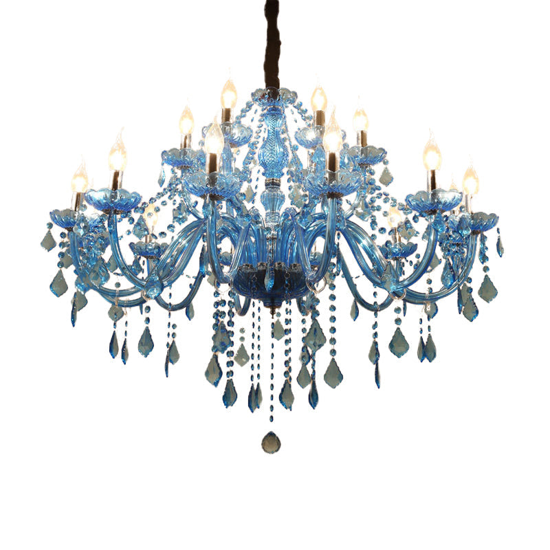 Modern Crystal Pendant Chandelier With Blue Hanging Light - 6/18 Bulbs Candle/Bell Design