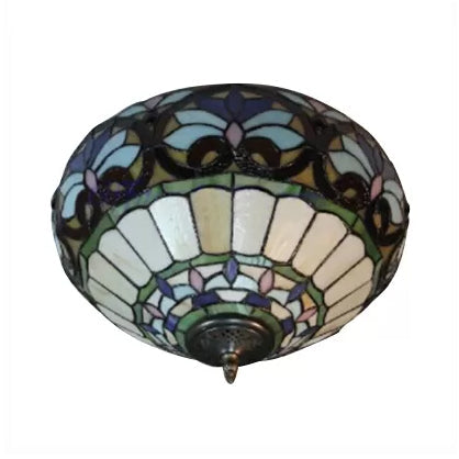 Antique Brass Floral Stained Glass Ceiling Light - Victorian Style Flush Mount Fixture For Living