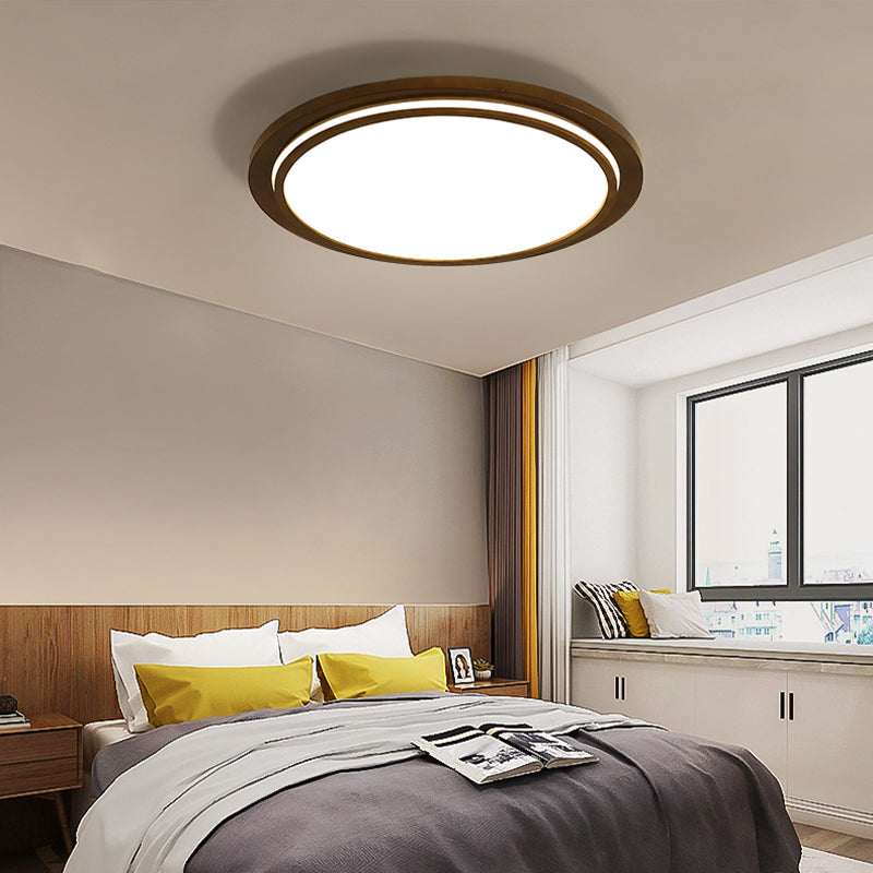 Modern Brown Wood Flush Mount Ceiling Light - 15/18/23 Dia Led Fixture With Natural