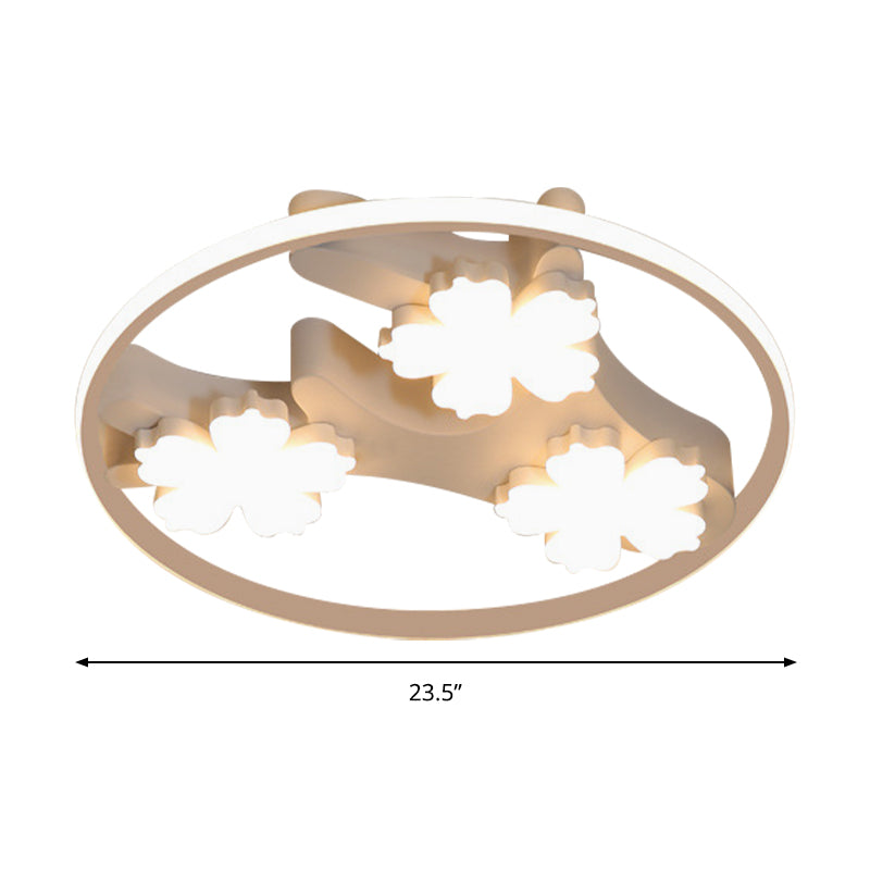 Black Led Flush Mount Ceiling Light With Blossom Decoration - Simple Style Wide Acrylic Ring