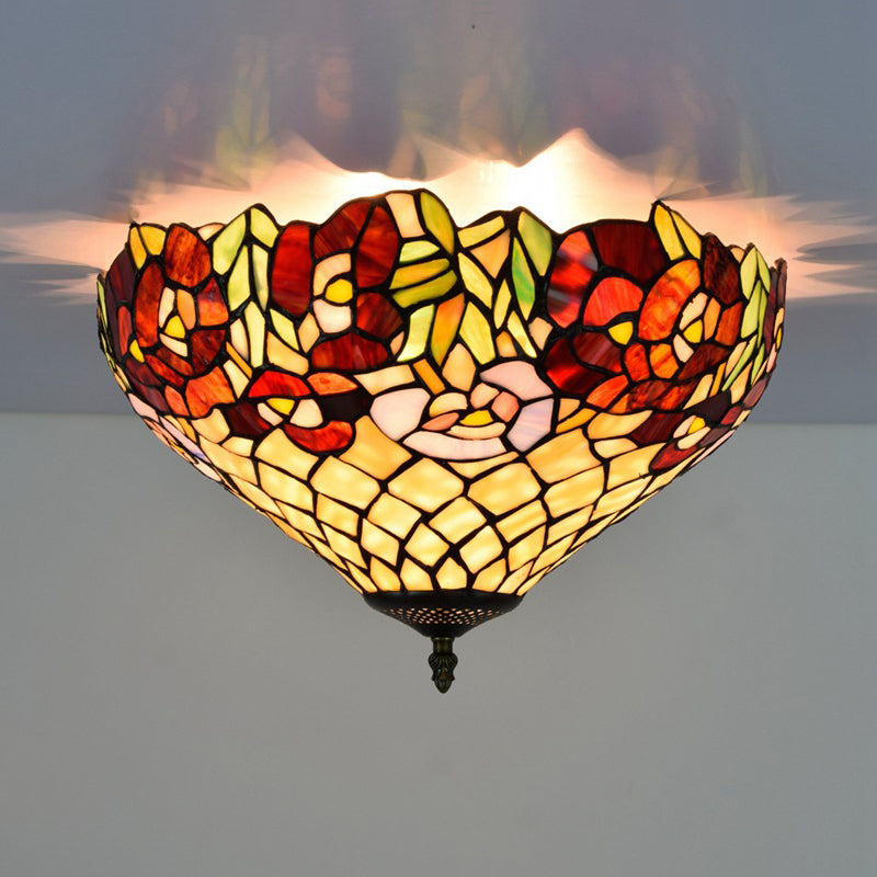Tiffany-Style Stained Glass Ceiling Lamp In Bronze With 3 Bulb Flush Mount