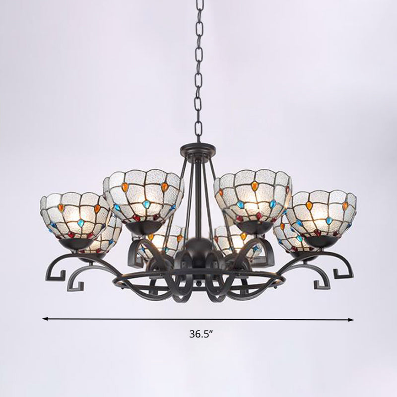 Tiffany Chandelier Light With Gem And Pearl Details Frosted Glass Suspension Fixture In Black -