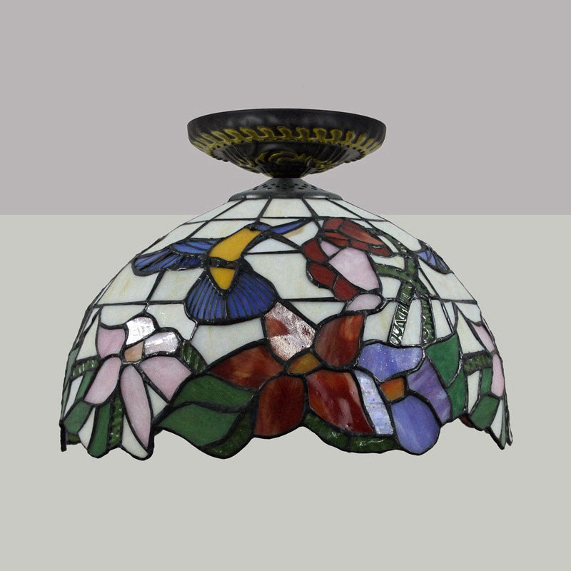 Tiffany-Style Stained Glass Floral Ceiling Fixture: Bronze Flush Mount With Single Bulb