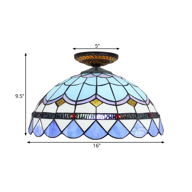 Tiffany Hand Rolled Art Glass Floral Flush Mount Light With Yellow/Blue Shade 12/16 W