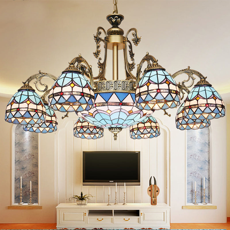 Mediterranean Dome Stained Glass 9/11 Lights Chandelier In Blue - Elegant Hanging Lamp Fixture 11 /