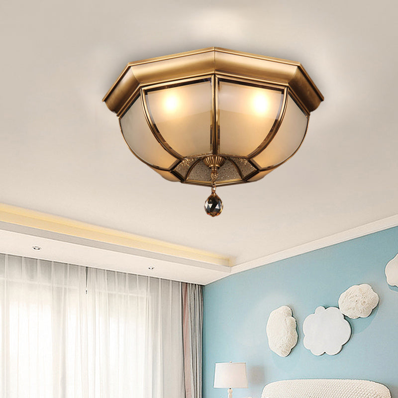 Postmodern Frosted Glass Dome Ceiling Mount Fixture 3/4 Heads Brass Flush Lighting With Crystal Drop