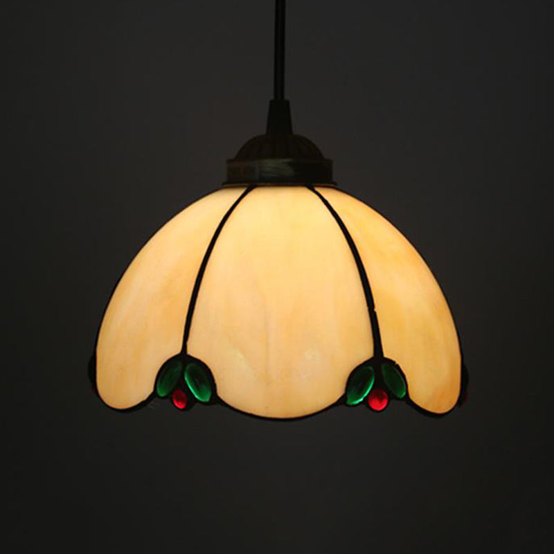 Baroque Beige/Blue/Green Glass Domed Shade Hanging Pendant Lamp For Dining Room - Black 1 Light
