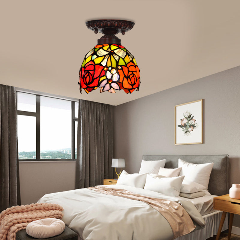 Victorian Ceiling-Mounted Stained Glass Light With Domed Design - 1 Flushmount Red/Pink/Orange Ideal