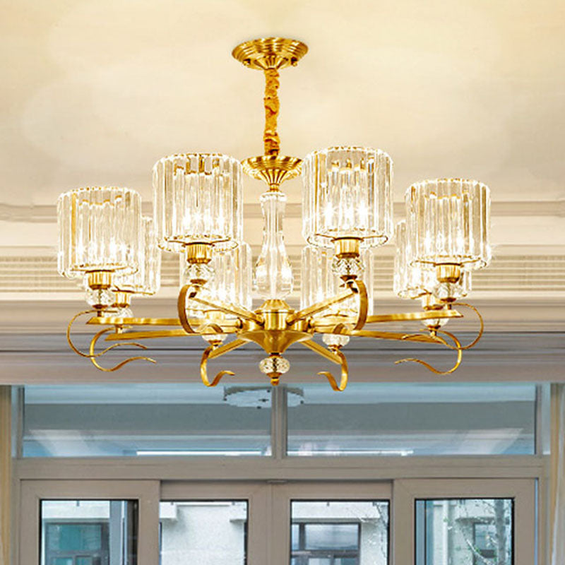 Contemporary Cylinder Chandelier With Crystal Facets - Brass Pendant Ceiling Light / 33.5