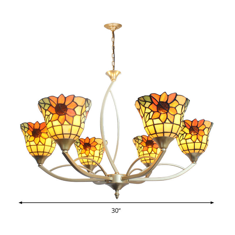 Tiffany Sunflower/Leaf Chandelier Light Fixture - White/Orange 6/8 Lights Ideal For Living Room