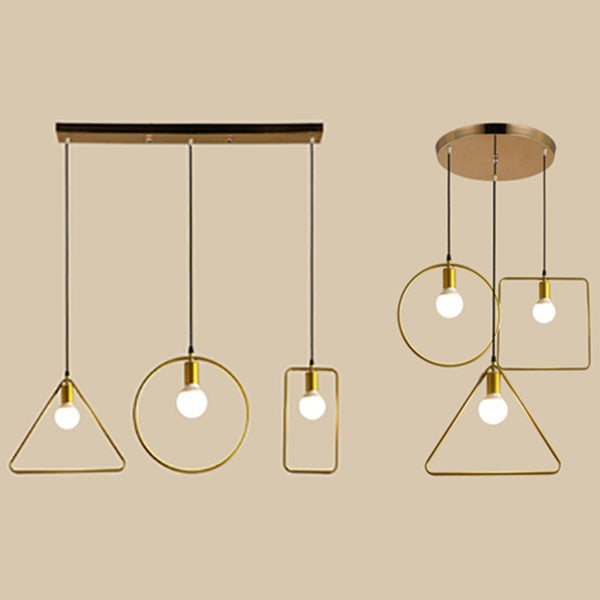 Retro Style Canopy Pendant Light With Frame Shades - Gold Metal Suspended Lamp (3 Lights)