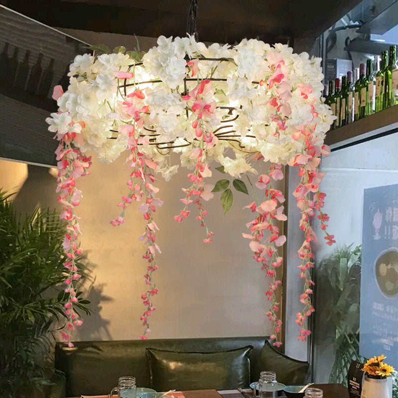 Industrial Metal Chandelier Light Fixture With 4/5 Pink Flower Decor Lights - Perfect For