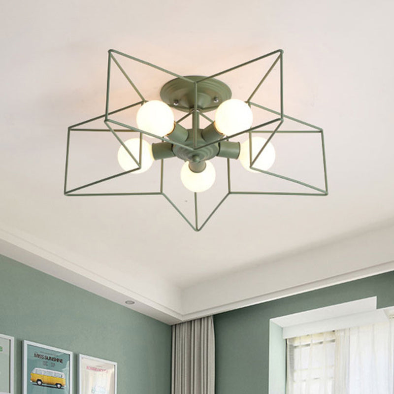 Stylish Grey/Pink Metallic Loft Indoor Semi-Flush Ceiling Light With Star Cage Shade - Set Of 5