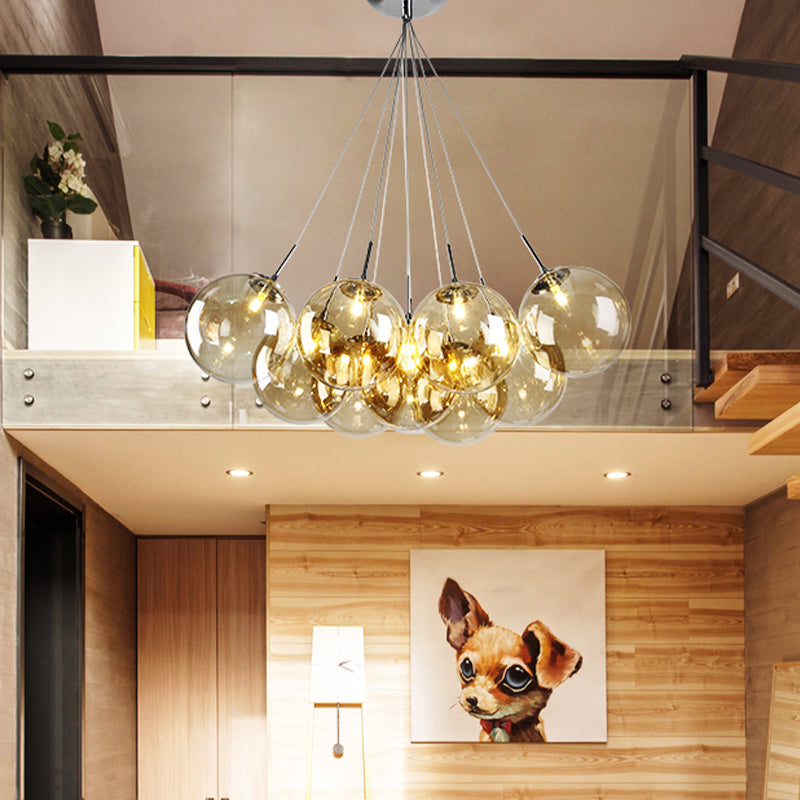 Modern Chrome Led Ceiling Lamp With Bubble Amber Glass Shade - 10-Light Multi Pendant For Living