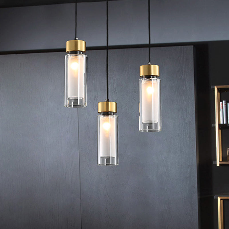 Sleek 1-Light Hanging Lamp With Clear And White Glass Shade - Brass Cylindrical Pendant