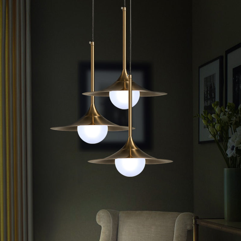 Brass Iron Horn Down Lighting Ceiling Lamp With Milk Glass Shade - Modern 1 Head Fixture
