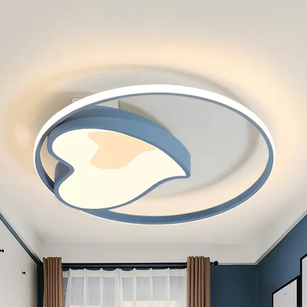Blue Acrylic Ring & Heart Ceiling Lamp - Kid Bedroom Macaron Loft Flush Light / White
