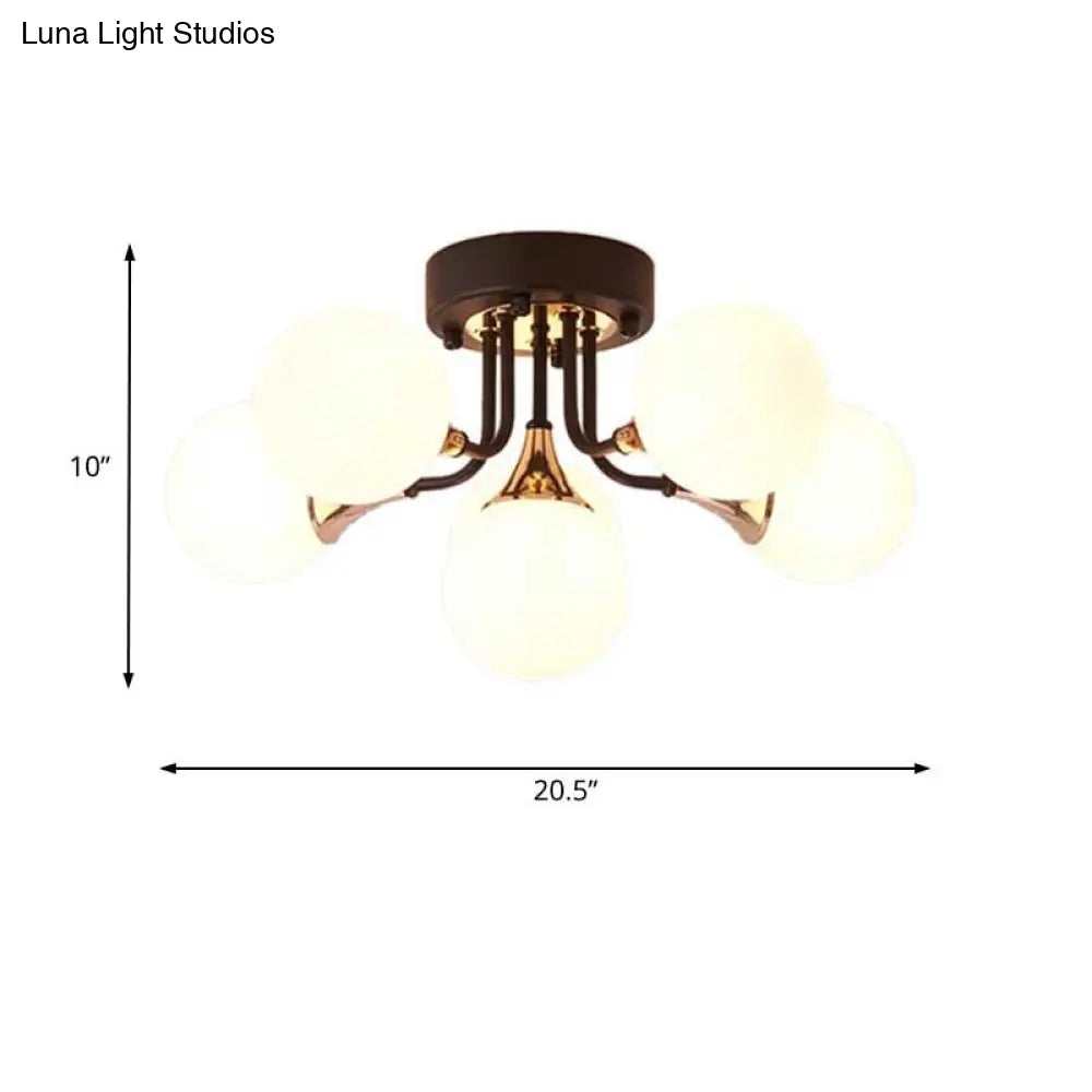 6/10/13 Semi Flush Chandelier With Milk White Glass Shades - Black Ceiling Mounted Sphere Light