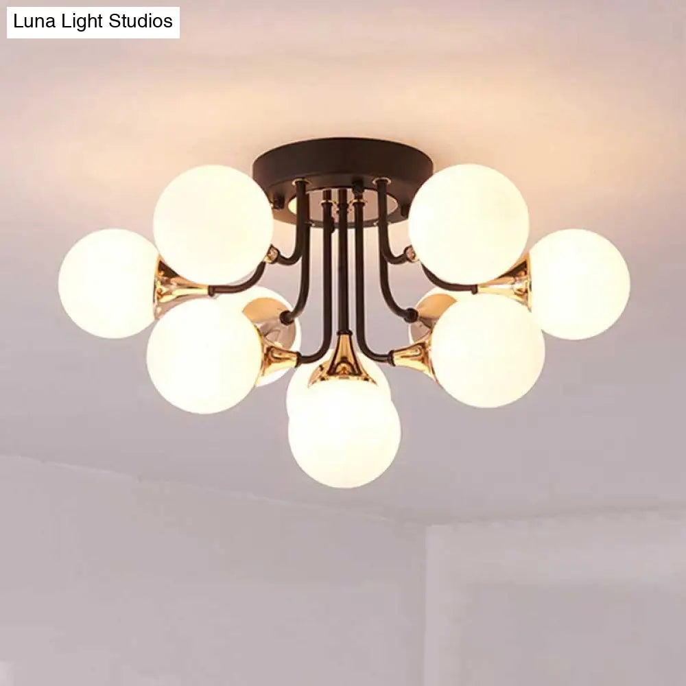 6/10/13 Semi Flush Chandelier With Milk White Glass Shades - Black Ceiling Mounted Sphere Light