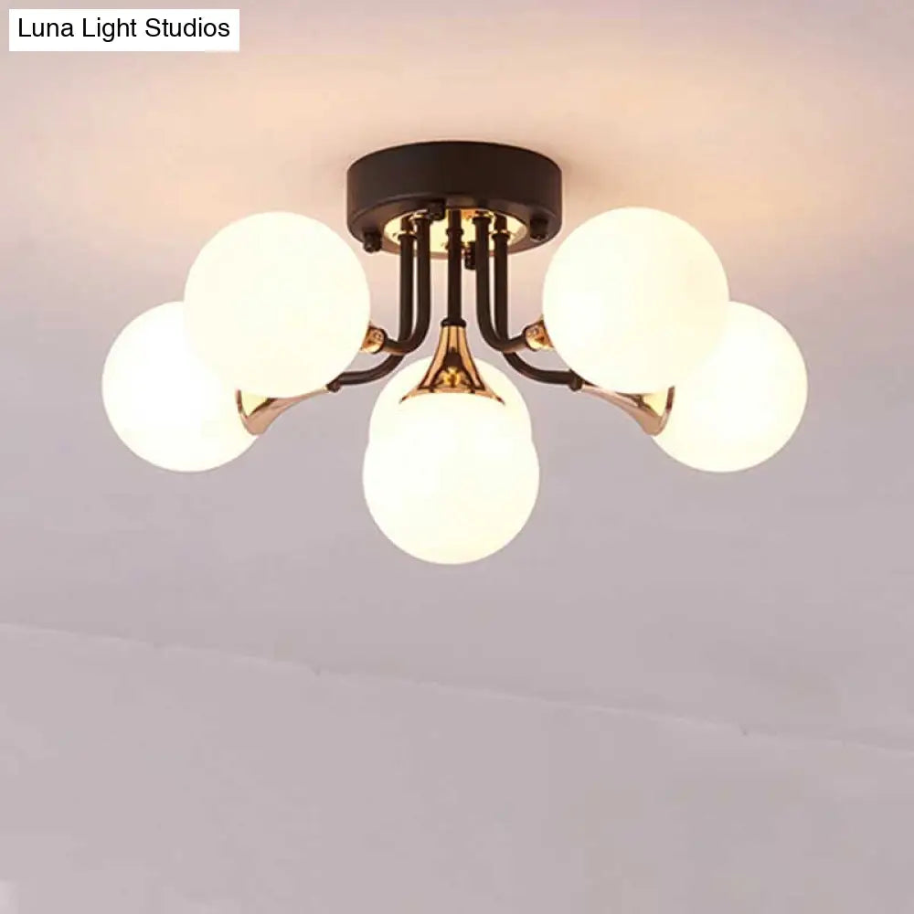 6/10/13 Semi Flush Chandelier With Milk White Glass Shades - Black Ceiling Mounted Sphere Light