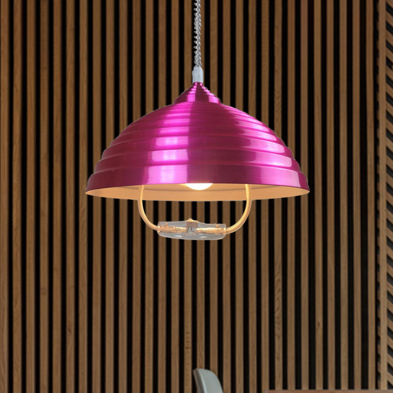 Vintage Metal Domed Pendant Light With Ribbed Design - Rose Red/Nickel Finish 1 Bulb Indoor Lighting