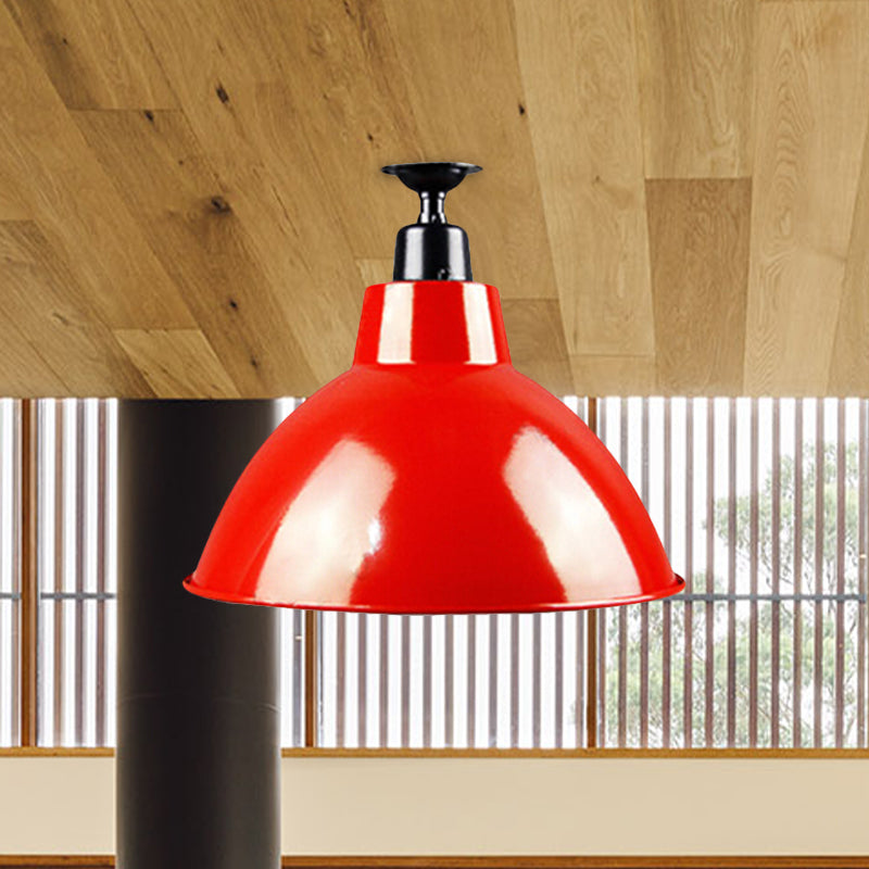 Red Metallic Ceiling Light Fixture - Vintage Dome Semi Flush Mount Ideal For Restaurants