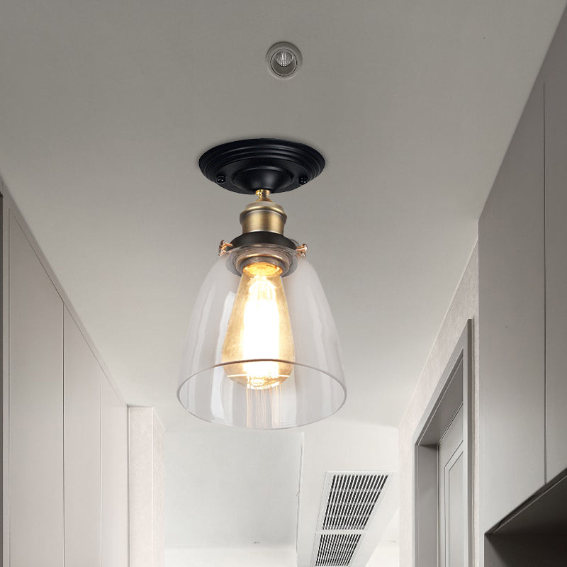 Vintage Cone Clear Glass Semi Flush Mount Light In Antique Brass Ideal For Hallways