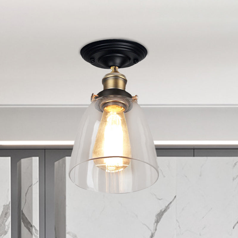 Vintage Cone Clear Glass Semi Flush Mount Light In Antique Brass Ideal For Hallways