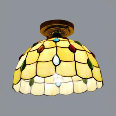 Rustic Tiffany Stained Glass Dome Flush Light - Sunflower/Rose/Pearl/Grape/Dragonfly Pattern Antique