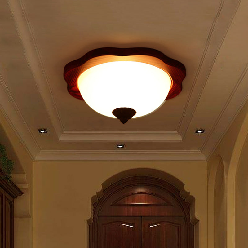 Frosted Glass Brown Flush Light Fixture - 16/19 W 3 Heads Rural Mount Recessed Lighting With Wood